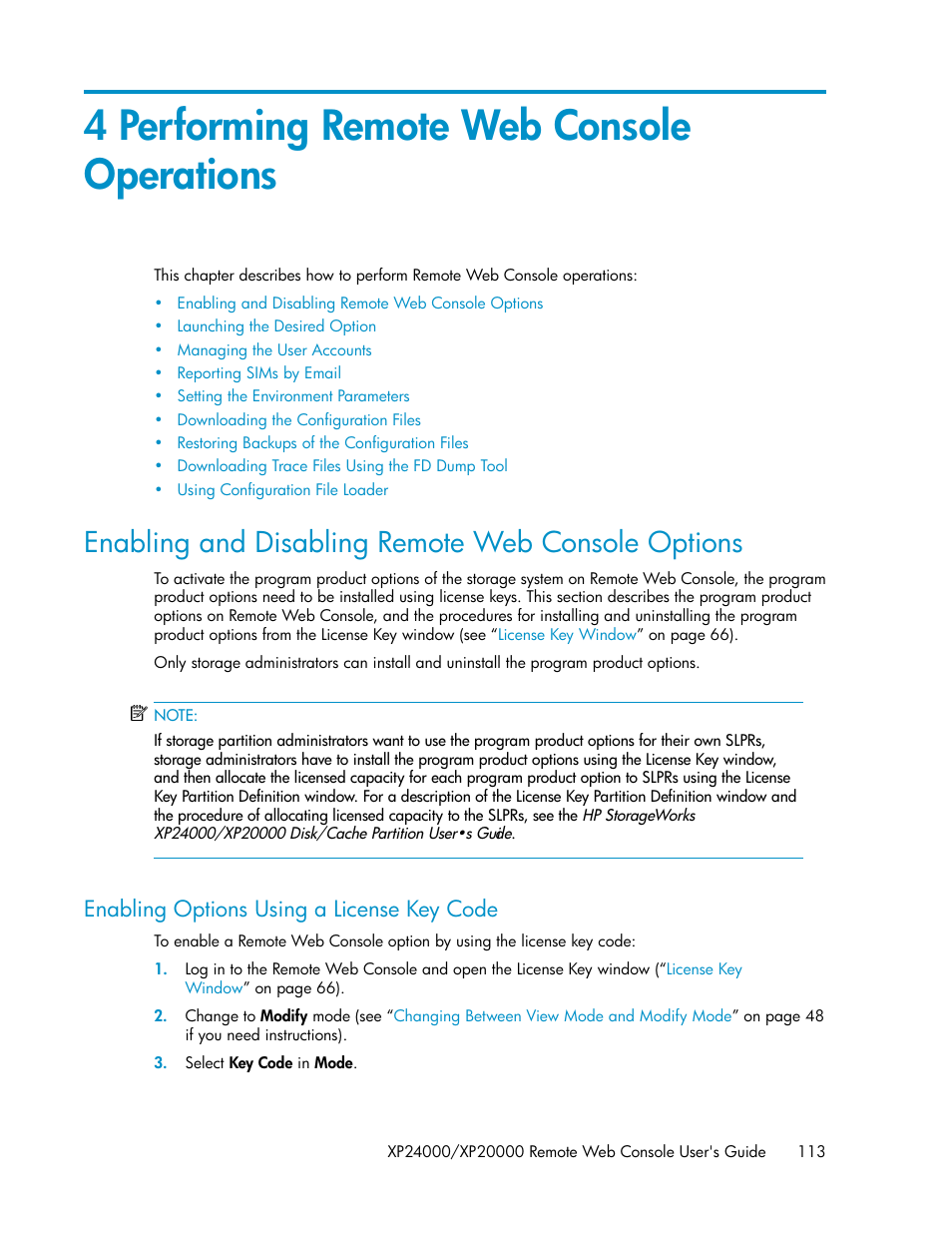 4 performing remote web console operations, Enabling and disabling remote web console options, Enabling options using a license key code | HP StorageWorks XP Remote Web Console Software User Manual | Page 113 / 174
