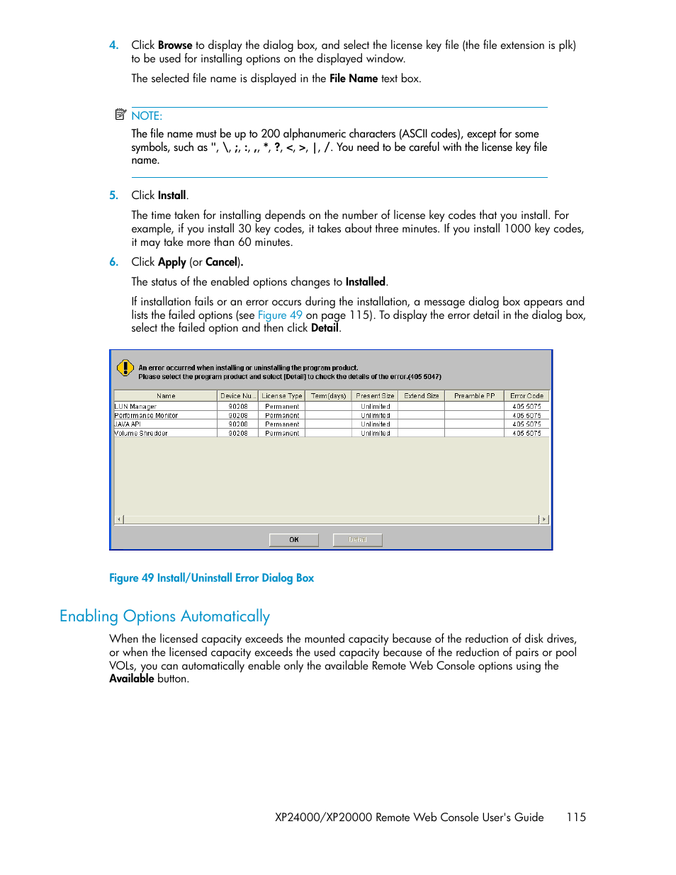 Enabling options automatically, Install/uninstall error dialog box, Enabling options | Automatically, Enabling, Options automatically | HP StorageWorks XP Remote Web Console Software User Manual | Page 115 / 174