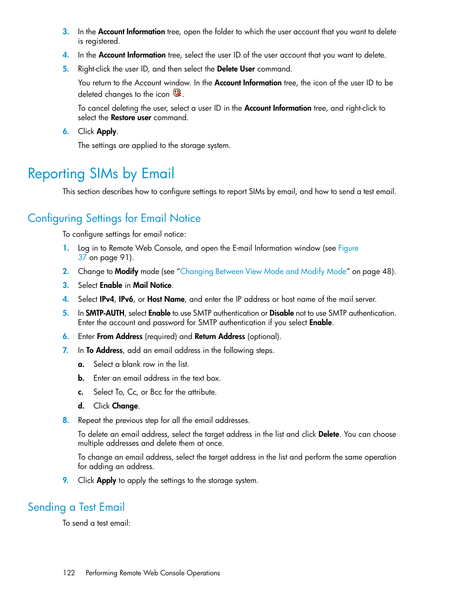 Reporting sims by email, Configuring settings for email notice, Sending a test email | 122 sending a test email | HP StorageWorks XP Remote Web Console Software User Manual | Page 122 / 174