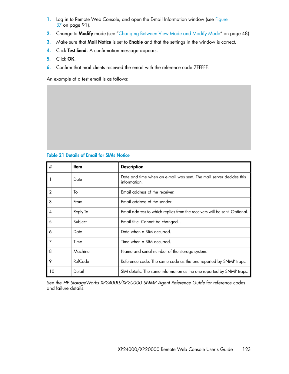 Details of email for sims notice | HP StorageWorks XP Remote Web Console Software User Manual | Page 123 / 174