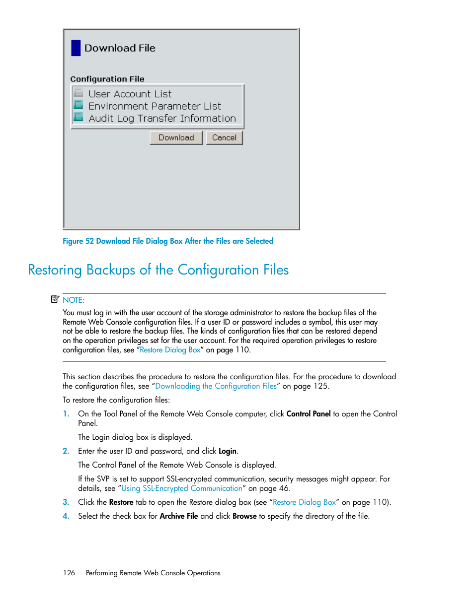 Restoring backups of the configuration files, Figure 52 | HP StorageWorks XP Remote Web Console Software User Manual | Page 126 / 174