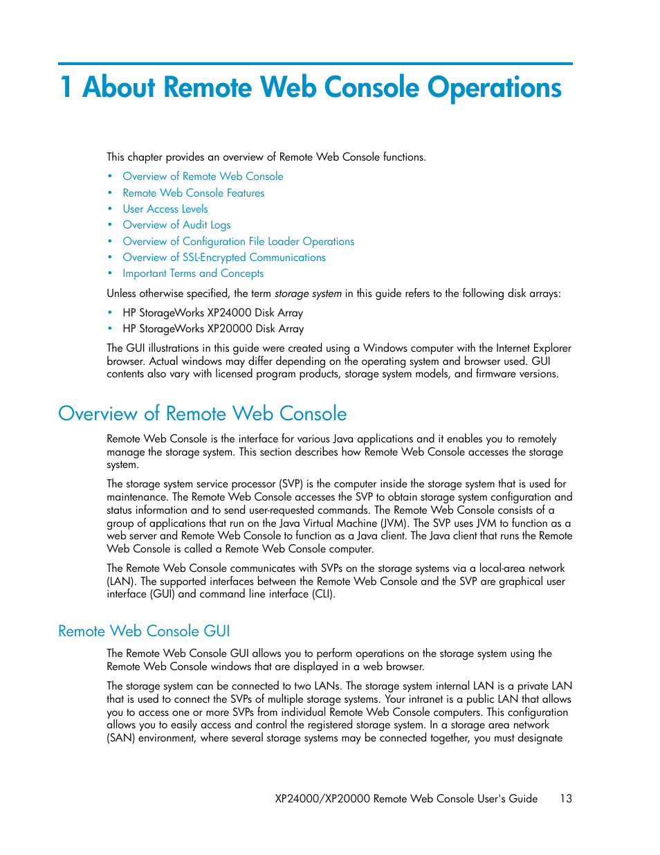 1 about remote web console operations, Overview of remote web console, Remote web console gui | HP StorageWorks XP Remote Web Console Software User Manual | Page 13 / 174