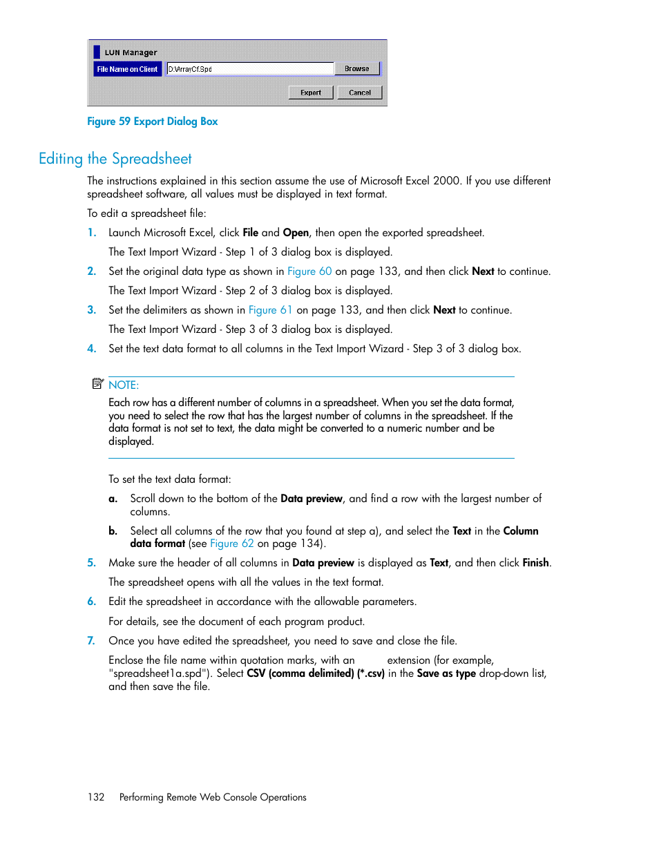 Editing the spreadsheet, Export dialog box, Figure | HP StorageWorks XP Remote Web Console Software User Manual | Page 132 / 174