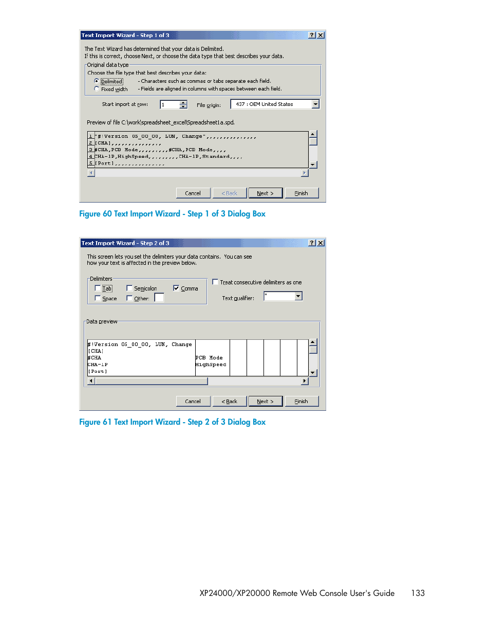 Text import wizard - step 1 of 3 dialog box, Text import wizard - step 2 of 3 dialog box, Figure 60 | Figure 61 | HP StorageWorks XP Remote Web Console Software User Manual | Page 133 / 174