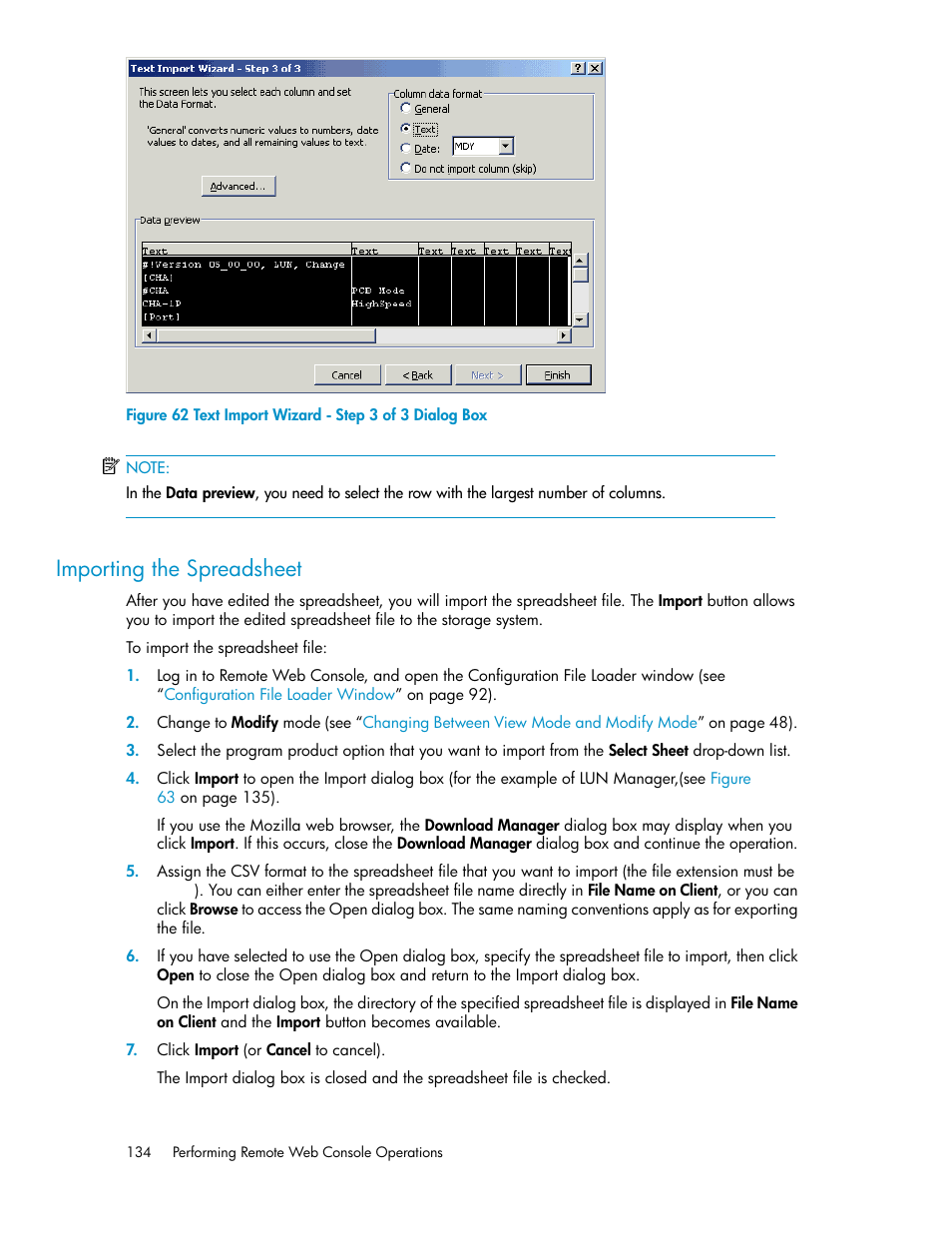 Importing the spreadsheet, Text import wizard - step 3 of 3 dialog box, Figure 62 | HP StorageWorks XP Remote Web Console Software User Manual | Page 134 / 174