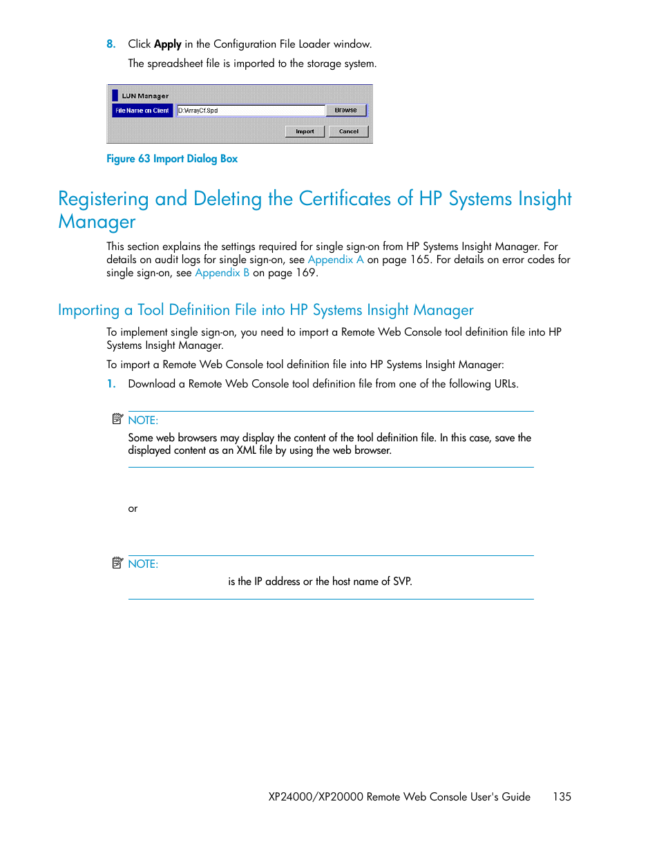 Import dialog box, Importing, Figure | HP StorageWorks XP Remote Web Console Software User Manual | Page 135 / 174