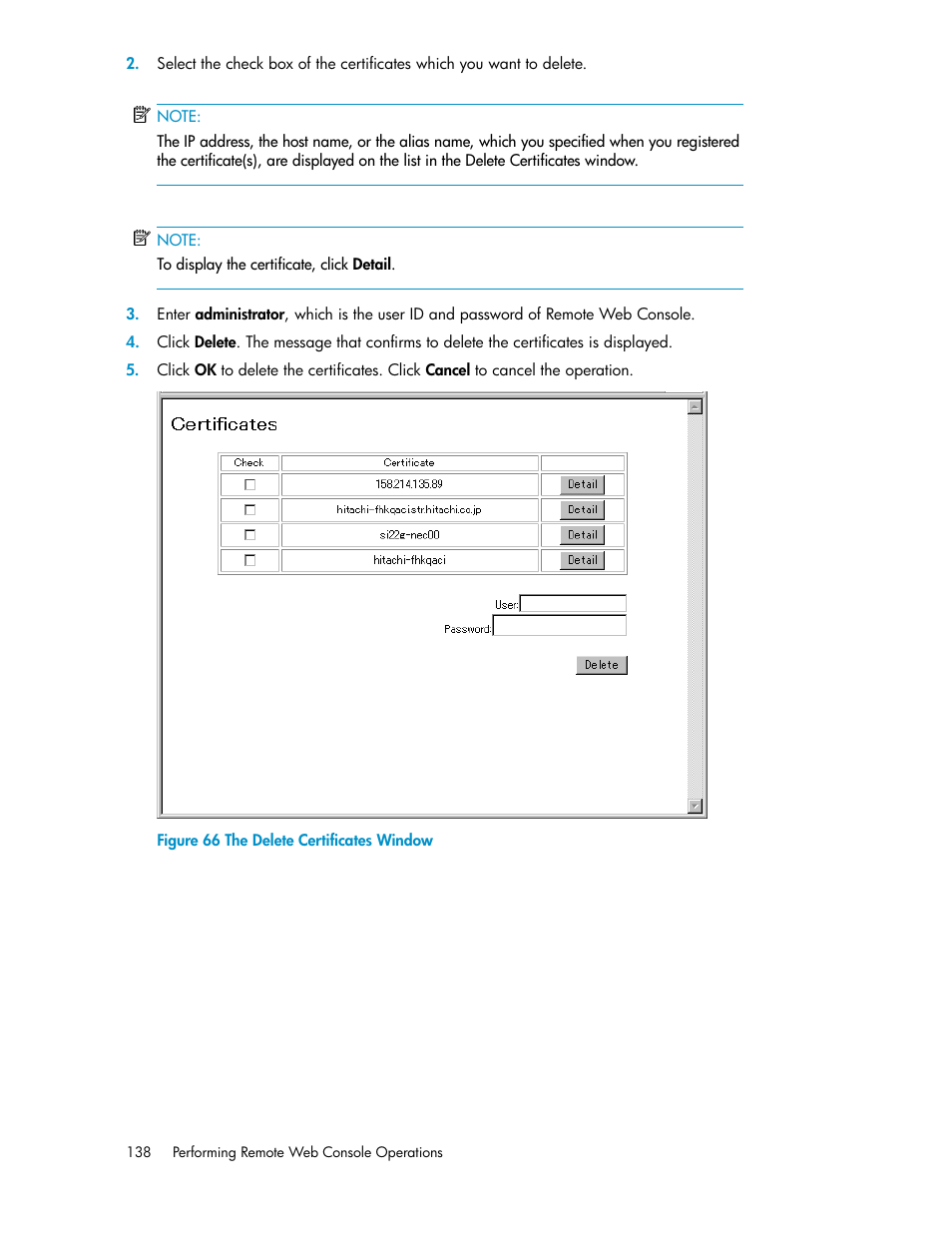 The delete certificates window | HP StorageWorks XP Remote Web Console Software User Manual | Page 138 / 174