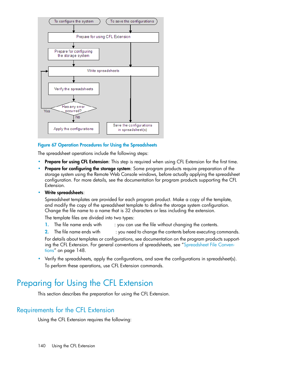 Preparing for using the cfl extension, Requirements for the cfl extension, Operation procedures for using the spreadsheets | HP StorageWorks XP Remote Web Console Software User Manual | Page 140 / 174