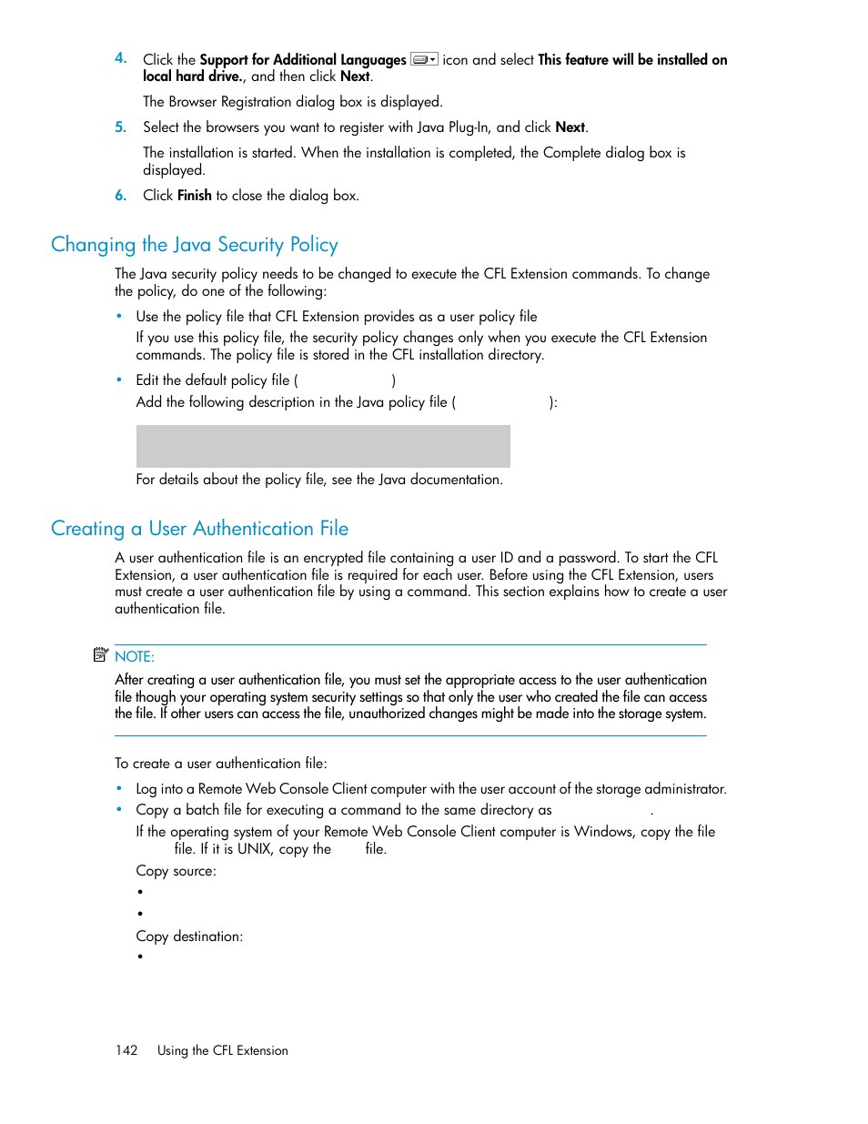 Changing the java security policy, Creating a user authentication file, 142 creating a user authentication file | Creating a user authentication, File | HP StorageWorks XP Remote Web Console Software User Manual | Page 142 / 174