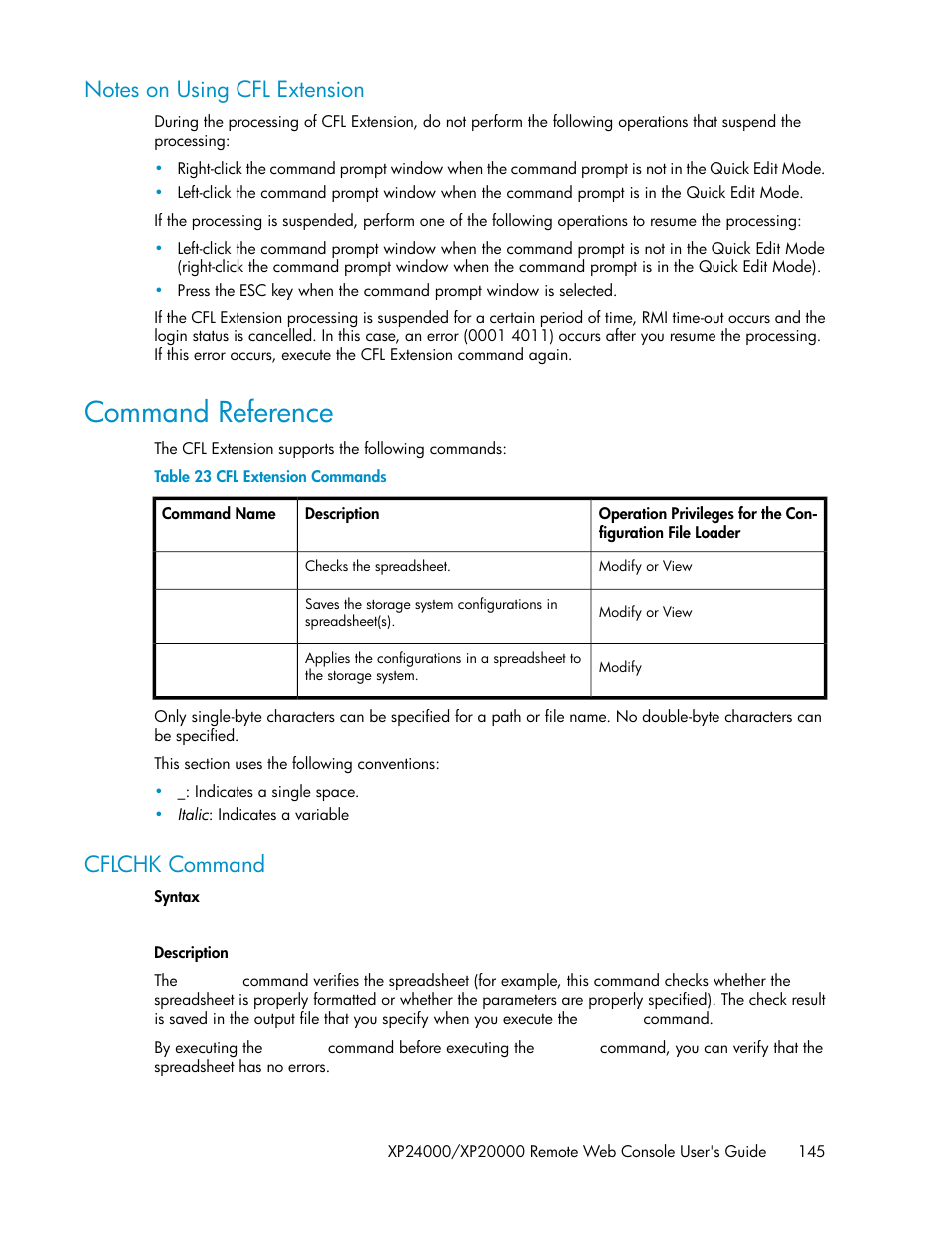 Notes on using cfl extension, Command reference, Cflchk command | Cfl extension commands | HP StorageWorks XP Remote Web Console Software User Manual | Page 145 / 174
