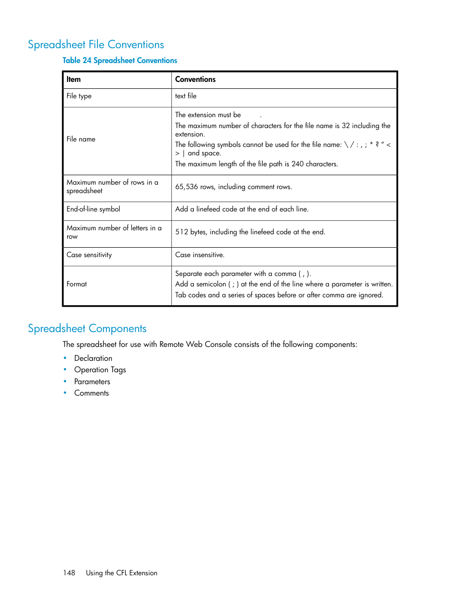Spreadsheet file conventions, Spreadsheet components, 148 spreadsheet components | Spreadsheet conventions, Spreadsheet file conven, Tions | HP StorageWorks XP Remote Web Console Software User Manual | Page 148 / 174