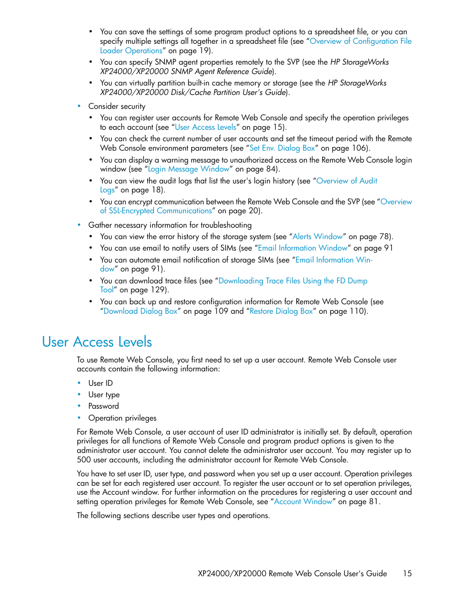 User access levels | HP StorageWorks XP Remote Web Console Software User Manual | Page 15 / 174