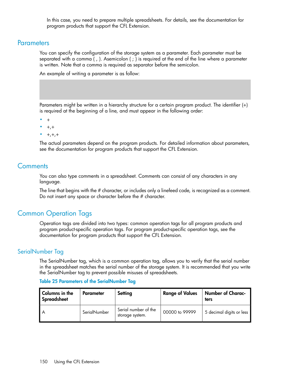 Parameters, Comments, Common operation tags | Serialnumber tag, 150 comments, 150 common operation tags, Parameters of the serialnumber tag | HP StorageWorks XP Remote Web Console Software User Manual | Page 150 / 174