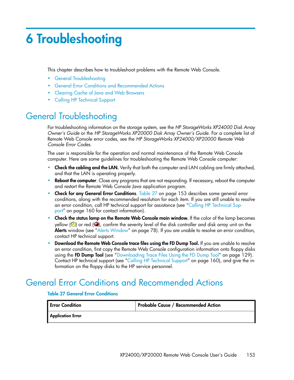 6 troubleshooting, General troubleshooting, General error conditions and recommended actions | General error conditions, Chapter 6 | HP StorageWorks XP Remote Web Console Software User Manual | Page 153 / 174