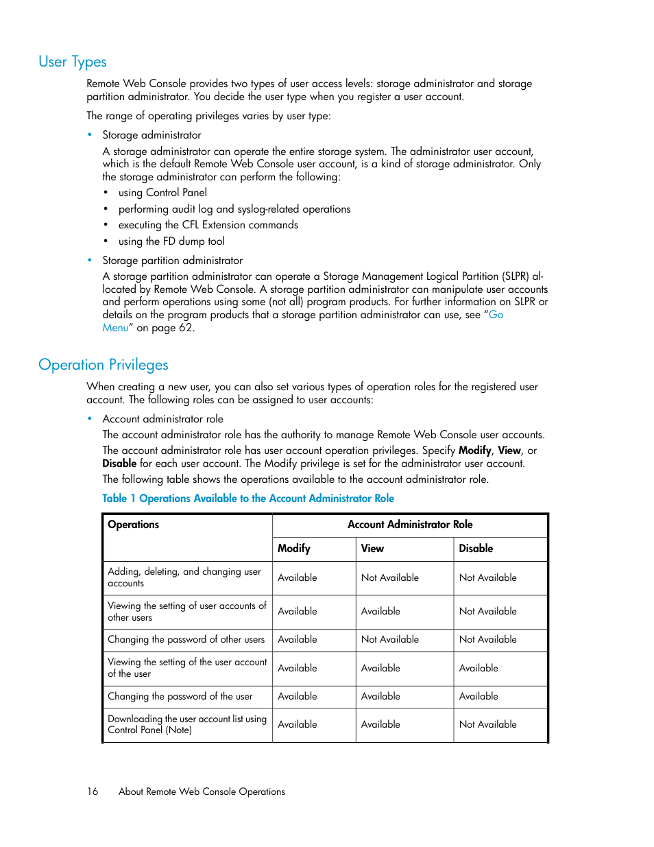 User types, Operation privileges, 16 operation privileges | HP StorageWorks XP Remote Web Console Software User Manual | Page 16 / 174