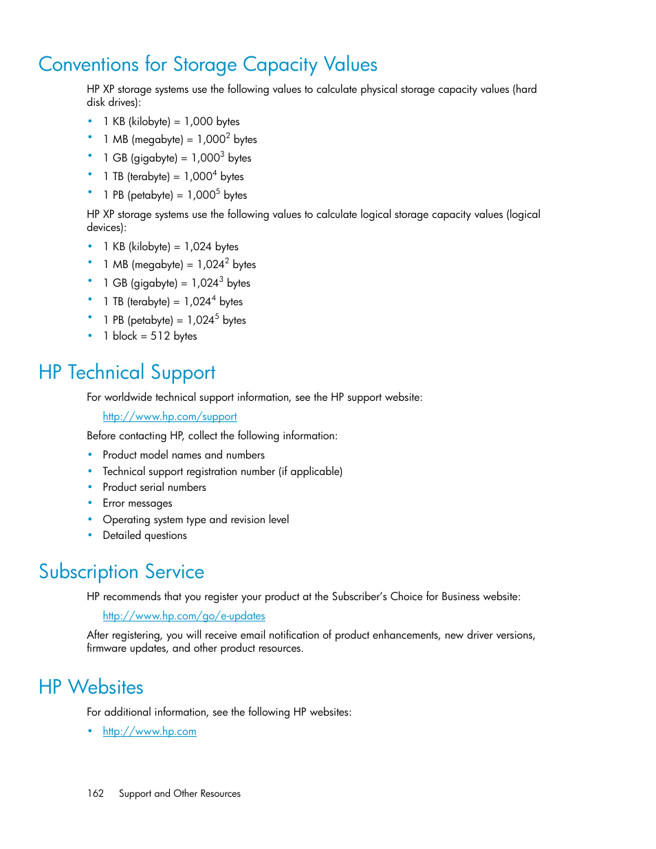 Conventions for storage capacity values, Hp technical support, Subscription service | Hp websites, 162 subscription service, 162 hp websites | HP StorageWorks XP Remote Web Console Software User Manual | Page 162 / 174