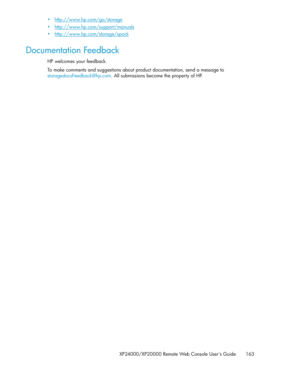 Documentation feedback | HP StorageWorks XP Remote Web Console Software User Manual | Page 163 / 174