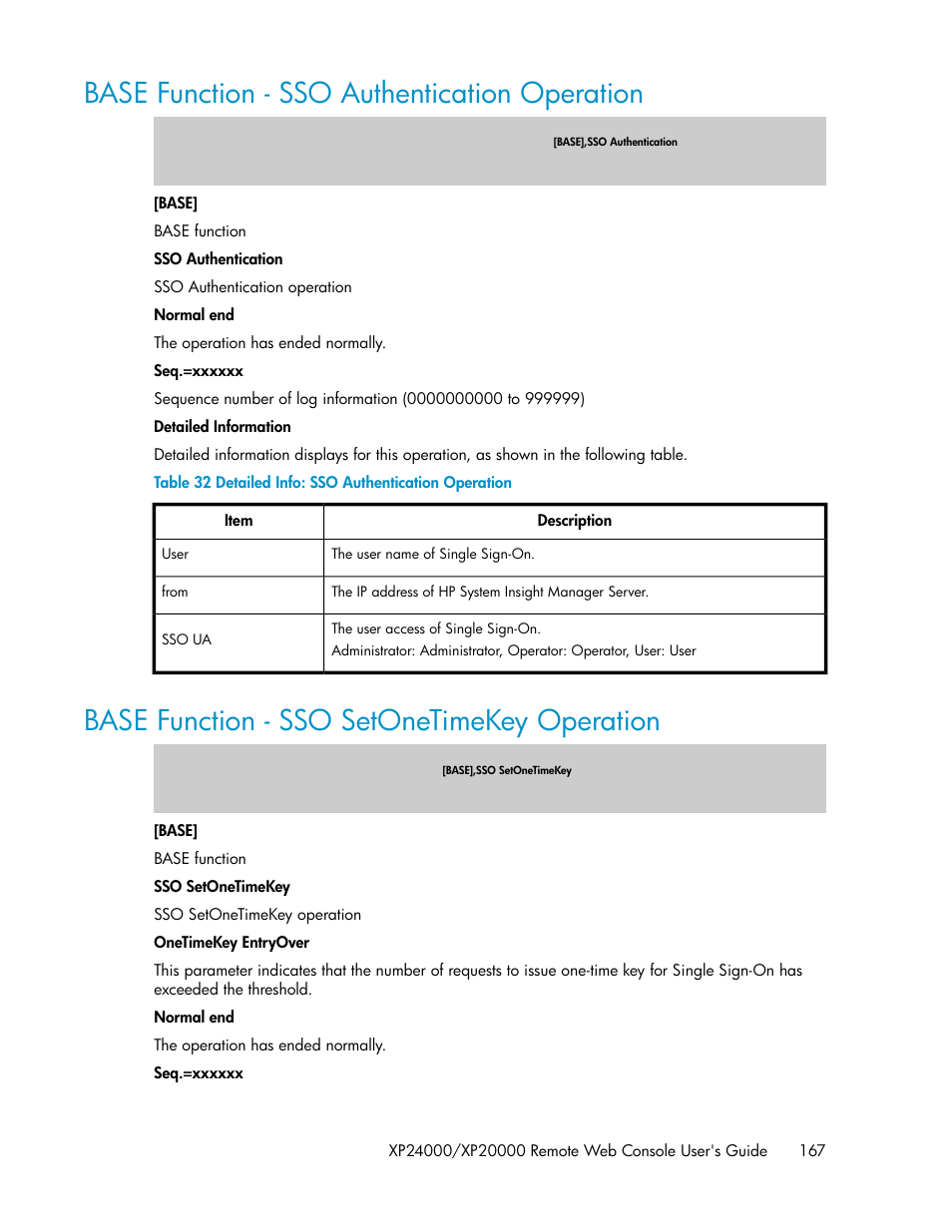Base function - sso authentication operation, Base function - sso setonetimekey operation, 167 base function - sso setonetimekey operation | Detailed info: sso authentication operation | HP StorageWorks XP Remote Web Console Software User Manual | Page 167 / 174