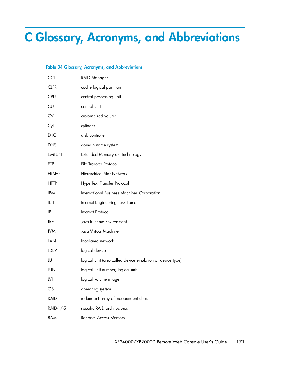C glossary, acronyms, and abbreviations, Glossary, acronyms, and abbreviations | HP StorageWorks XP Remote Web Console Software User Manual | Page 171 / 174