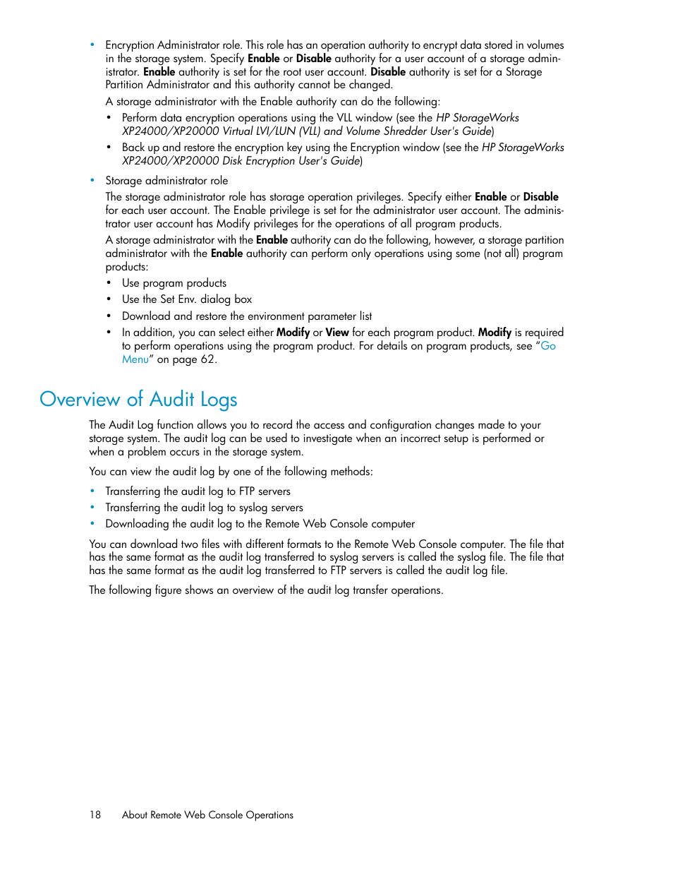 Overview of audit logs, Overview of audit, Logs | HP StorageWorks XP Remote Web Console Software User Manual | Page 18 / 174