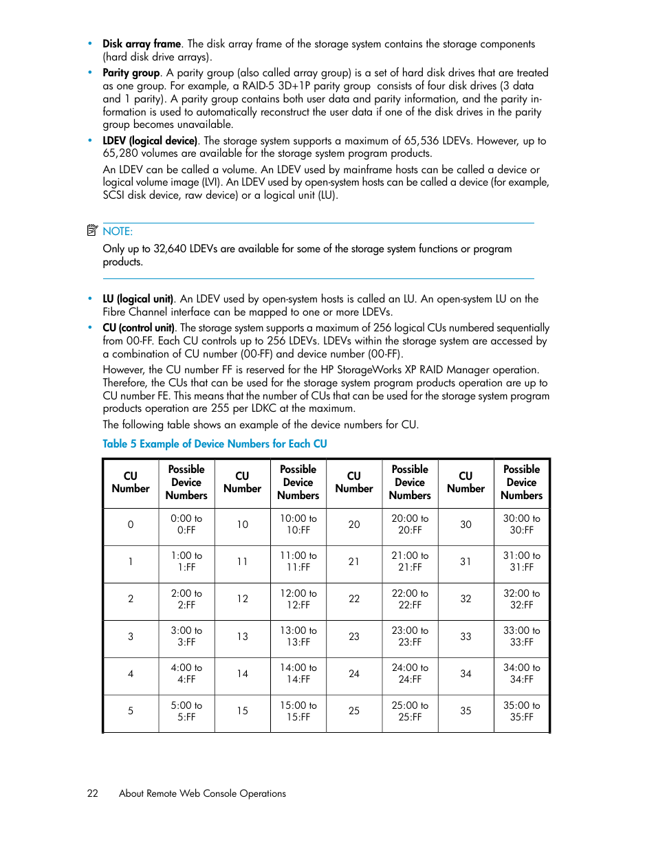 Example of device numbers for each cu | HP StorageWorks XP Remote Web Console Software User Manual | Page 22 / 174