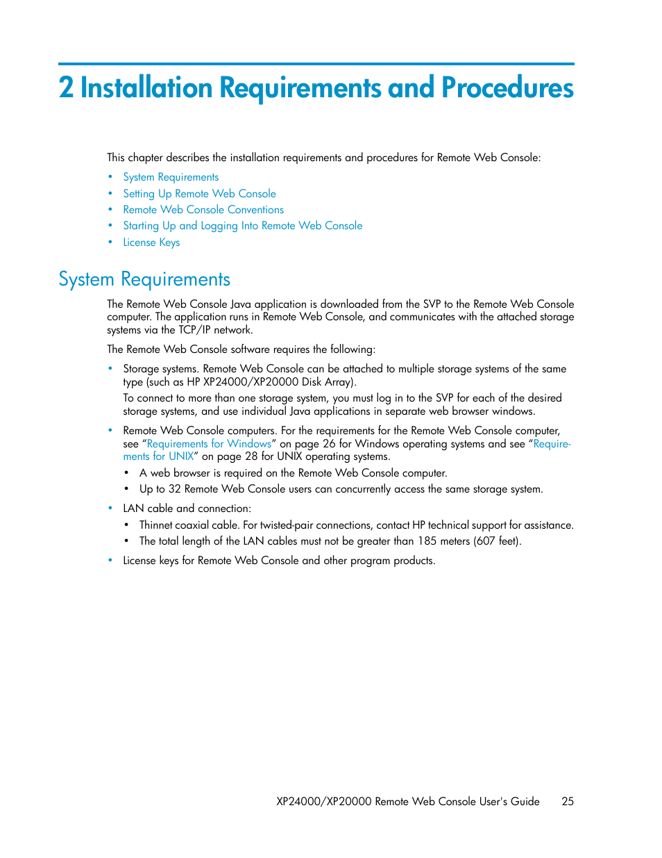 2 installation requirements and procedures, System requirements | HP StorageWorks XP Remote Web Console Software User Manual | Page 25 / 174