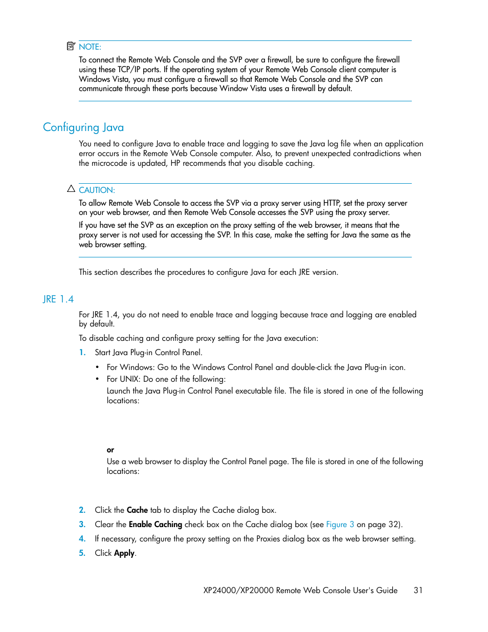 Configuring java, Jre 1.4 | HP StorageWorks XP Remote Web Console Software User Manual | Page 31 / 174