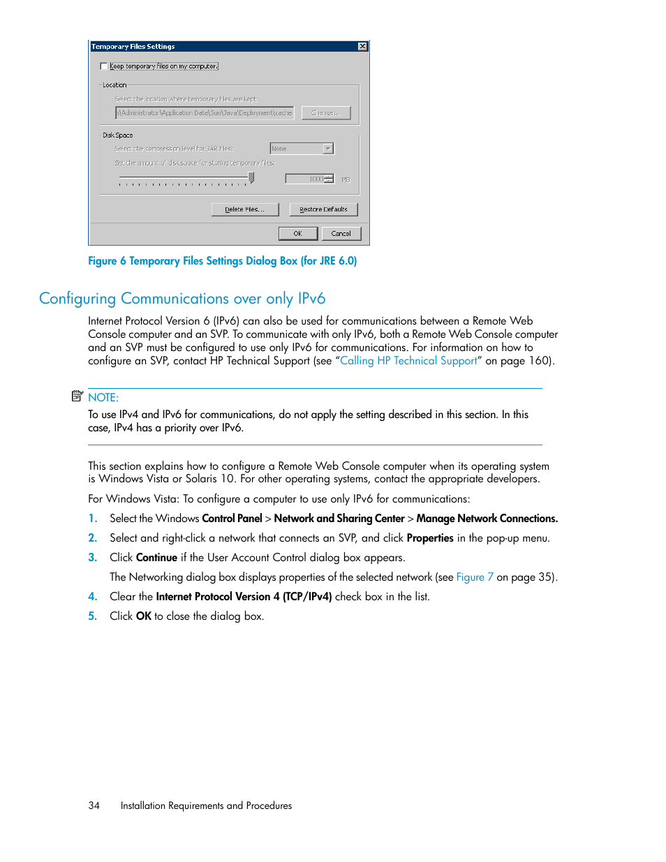Configuring communications over only ipv6, Temporary files settings dialog box (for jre 6.0), Figure | HP StorageWorks XP Remote Web Console Software User Manual | Page 34 / 174