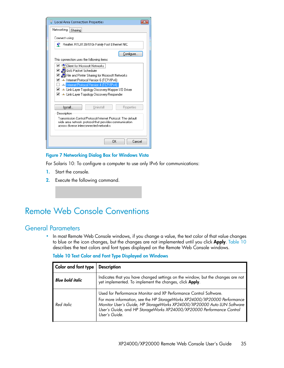 Remote web console conventions, General parameters, Networking dialog box for windows vista | Text color and font type displayed on windows, Figure 7 | HP StorageWorks XP Remote Web Console Software User Manual | Page 35 / 174