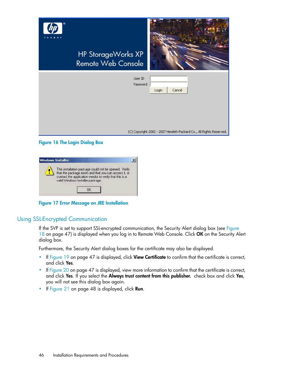 Using ssl-encrypted communication, The login dialog box, Error message on jre installation | Figure 16, Figure 17 | HP StorageWorks XP Remote Web Console Software User Manual | Page 46 / 174