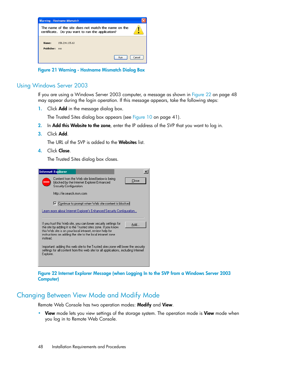 Using windows server 2003, Changing between view mode and modify mode, Warning - hostname mismatch dialog box | Figure, Using, Windows server 2003, Figure 21 | HP StorageWorks XP Remote Web Console Software User Manual | Page 48 / 174