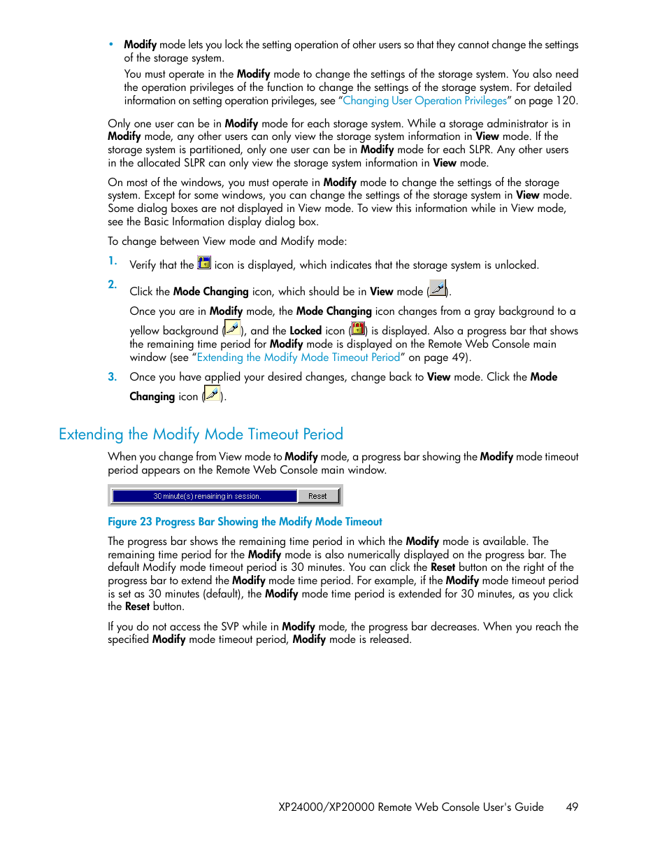 Extending the modify mode timeout period, Progress bar showing the modify mode timeout | HP StorageWorks XP Remote Web Console Software User Manual | Page 49 / 174