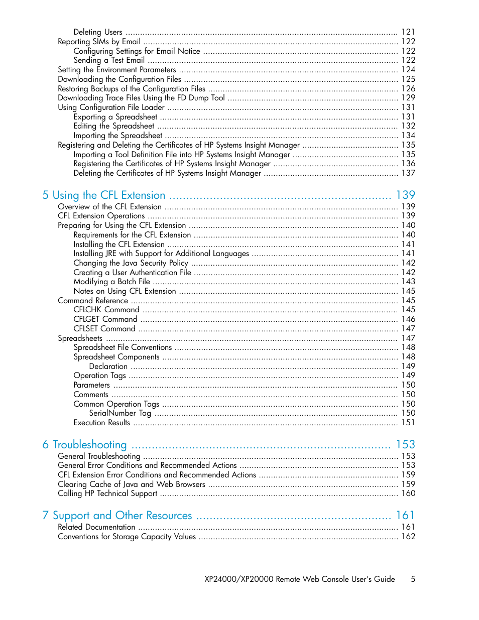 5 using the cfl extension, 6 troubleshooting, 7 support and other resources | HP StorageWorks XP Remote Web Console Software User Manual | Page 5 / 174