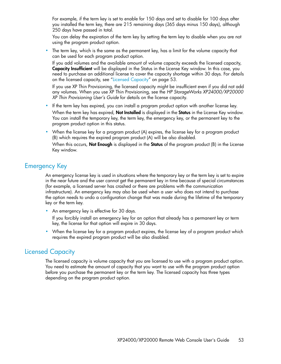 Emergency key, Licensed capacity, 53 licensed capacity | HP StorageWorks XP Remote Web Console Software User Manual | Page 53 / 174