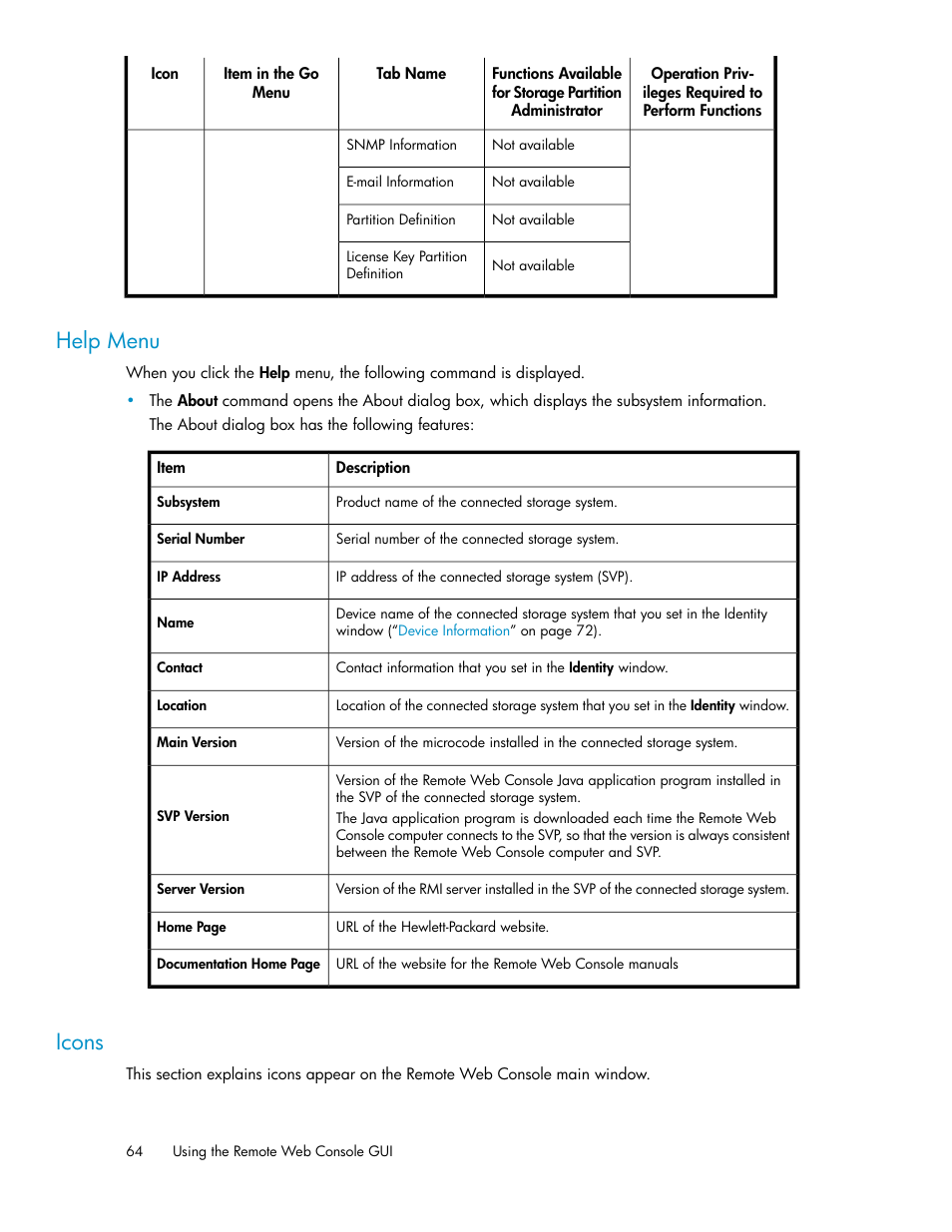 Help menu, Icons, 64 icons | HP StorageWorks XP Remote Web Console Software User Manual | Page 64 / 174