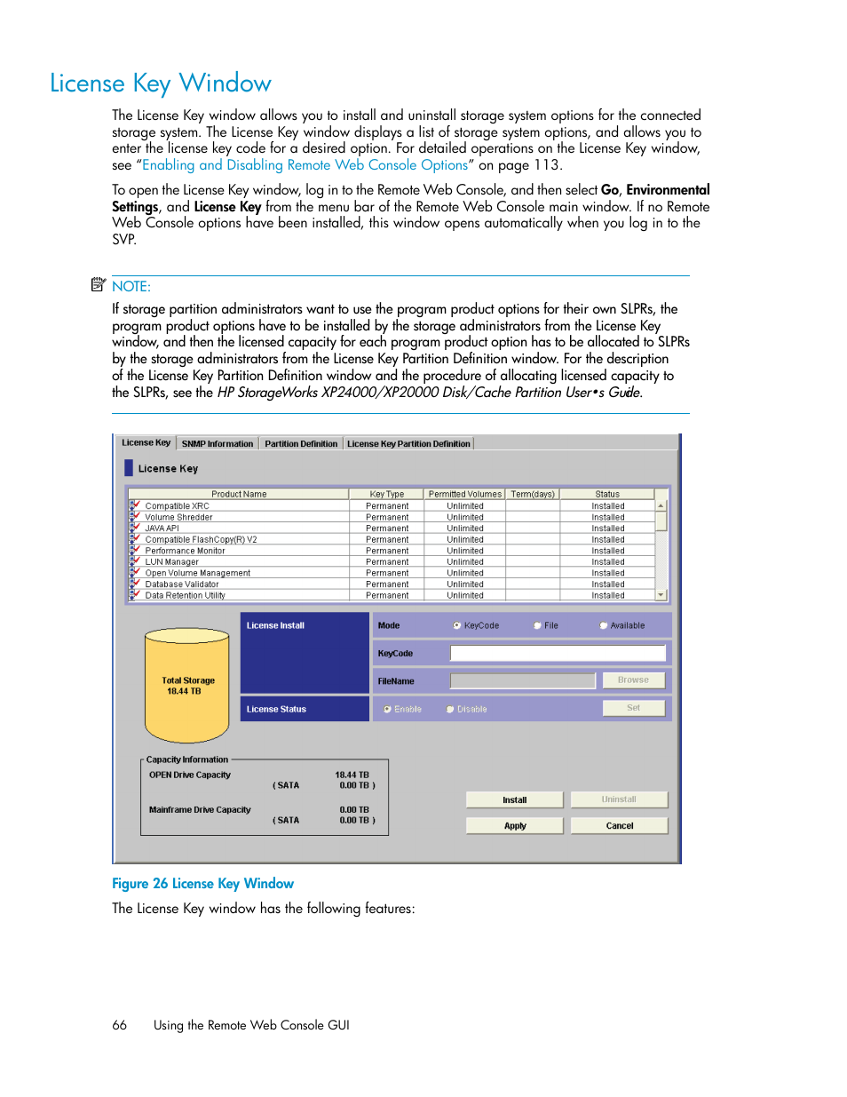License key window, License, Key window | HP StorageWorks XP Remote Web Console Software User Manual | Page 66 / 174