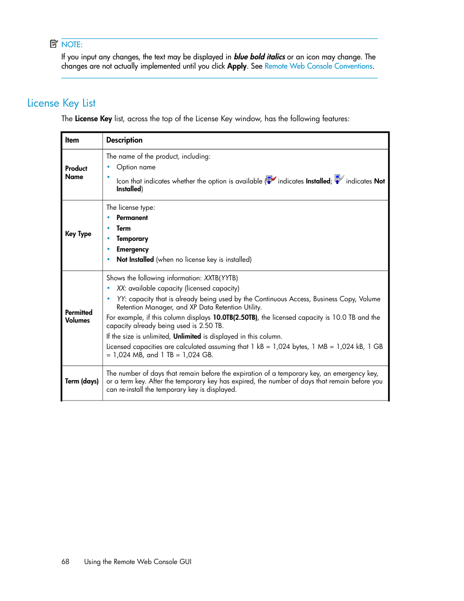 License key list | HP StorageWorks XP Remote Web Console Software User Manual | Page 68 / 174