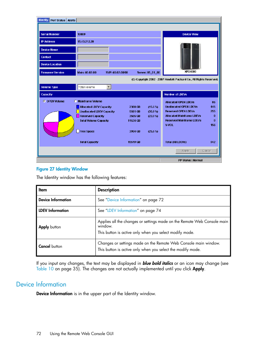Device information, Identity window | HP StorageWorks XP Remote Web Console Software User Manual | Page 72 / 174