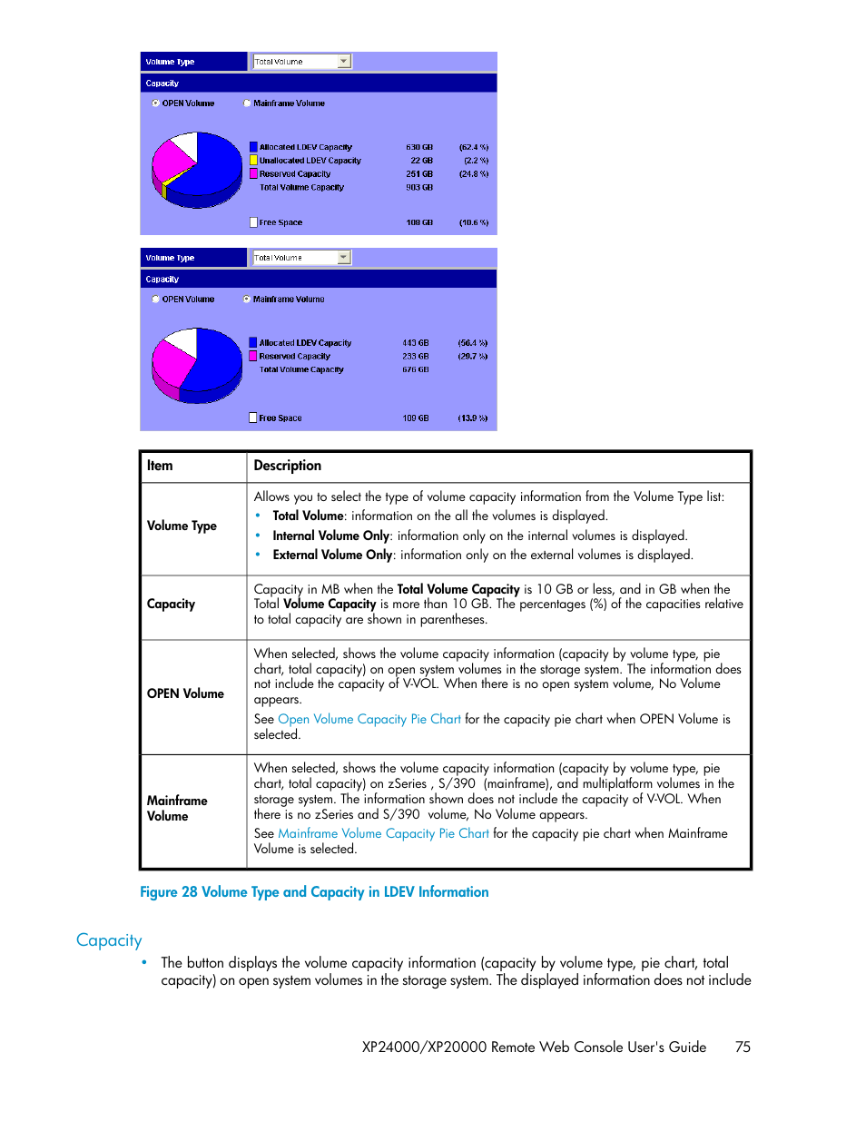 Capacity, Volume type and capacity in ldev information | HP StorageWorks XP Remote Web Console Software User Manual | Page 75 / 174