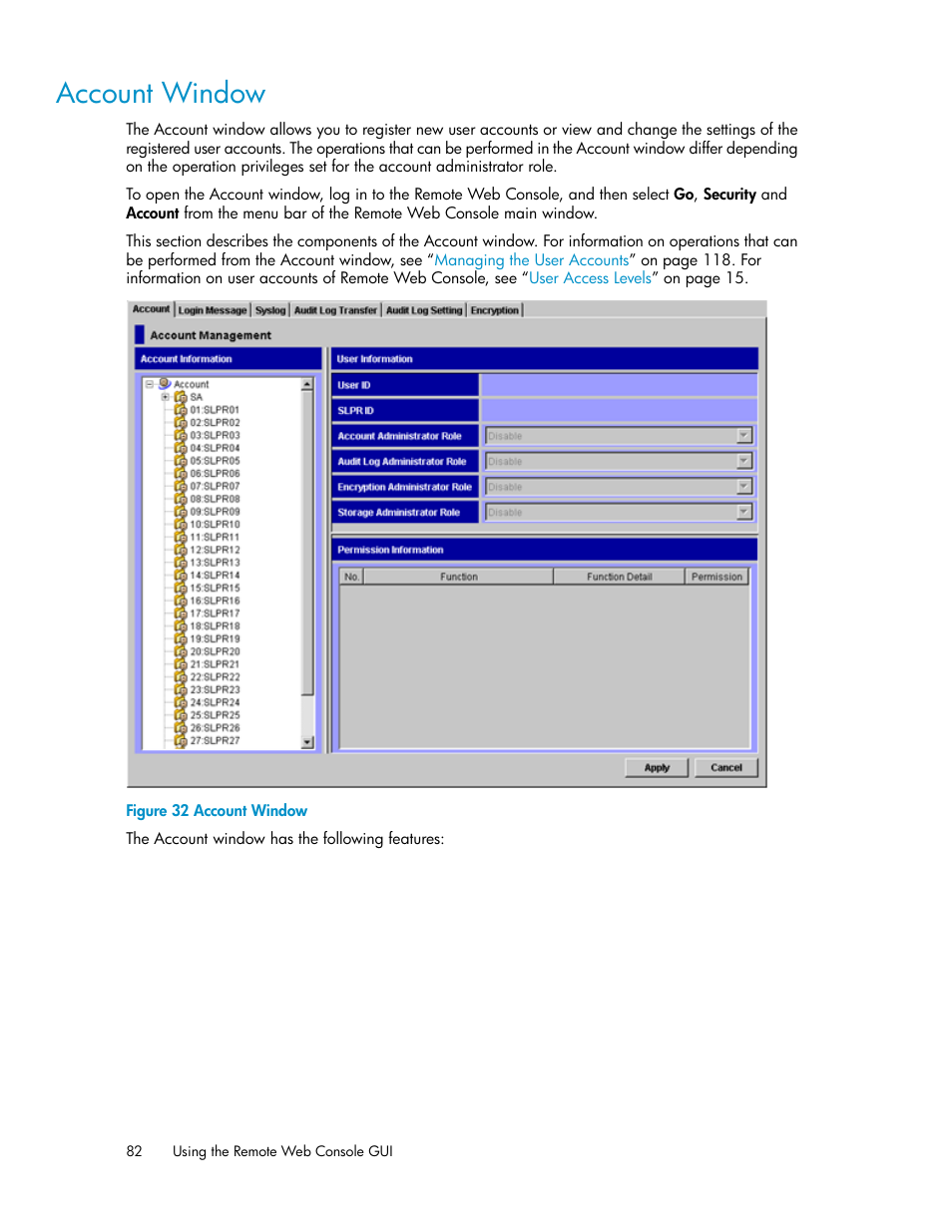 Account window | HP StorageWorks XP Remote Web Console Software User Manual | Page 82 / 174