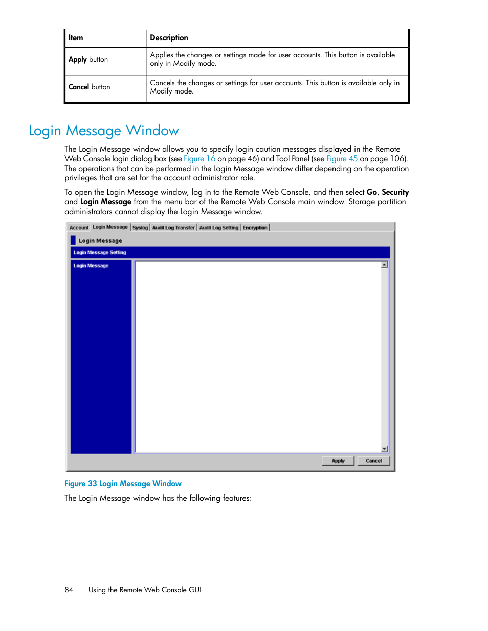 Login message window | HP StorageWorks XP Remote Web Console Software User Manual | Page 84 / 174