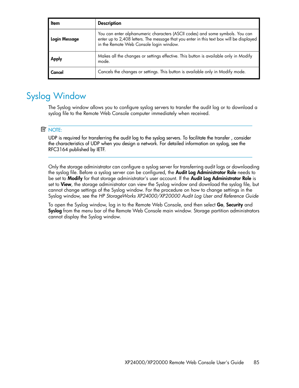 Syslog window | HP StorageWorks XP Remote Web Console Software User Manual | Page 85 / 174