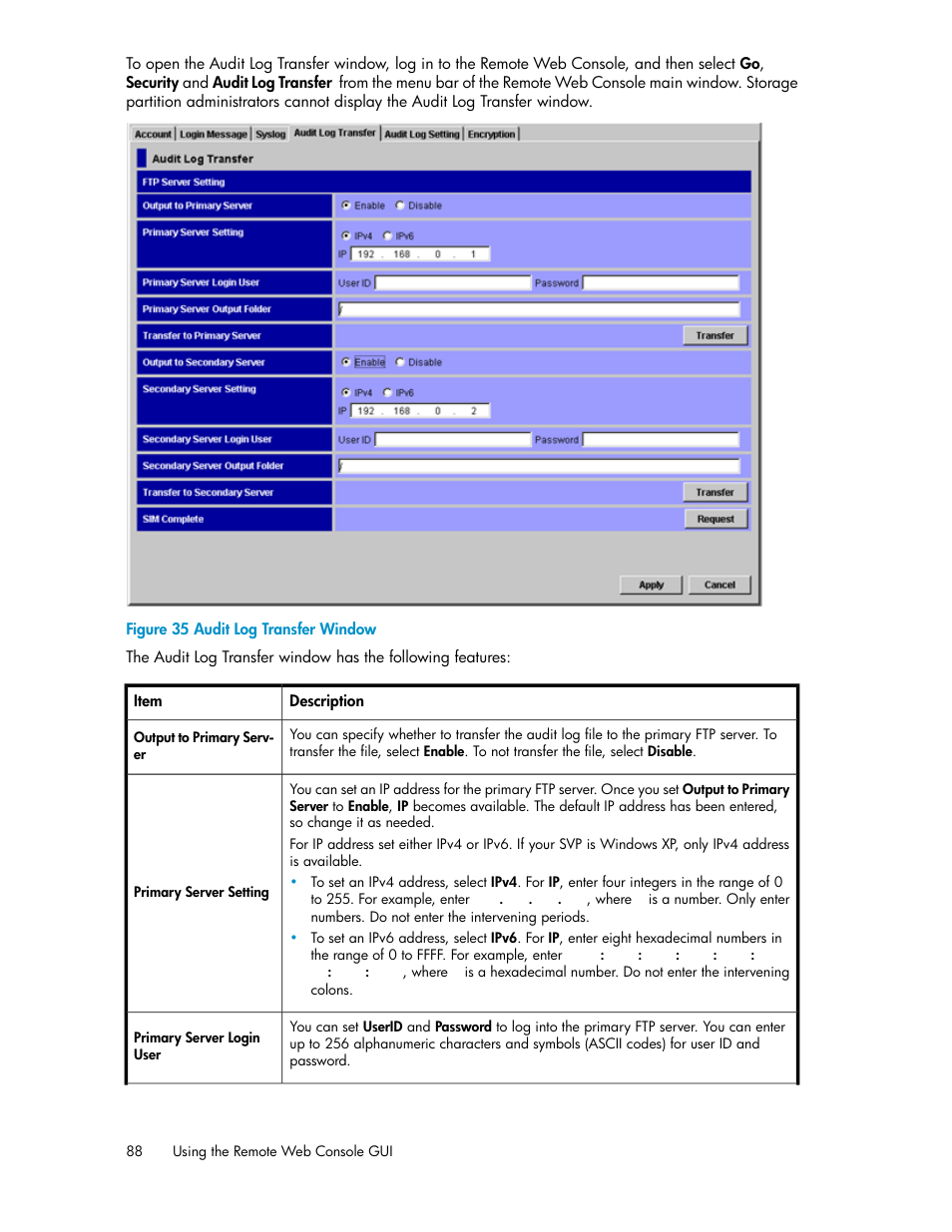 Audit log transfer window | HP StorageWorks XP Remote Web Console Software User Manual | Page 88 / 174