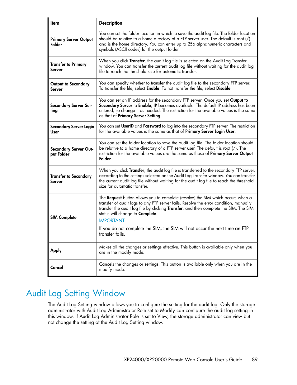 Audit log setting window | HP StorageWorks XP Remote Web Console Software User Manual | Page 89 / 174