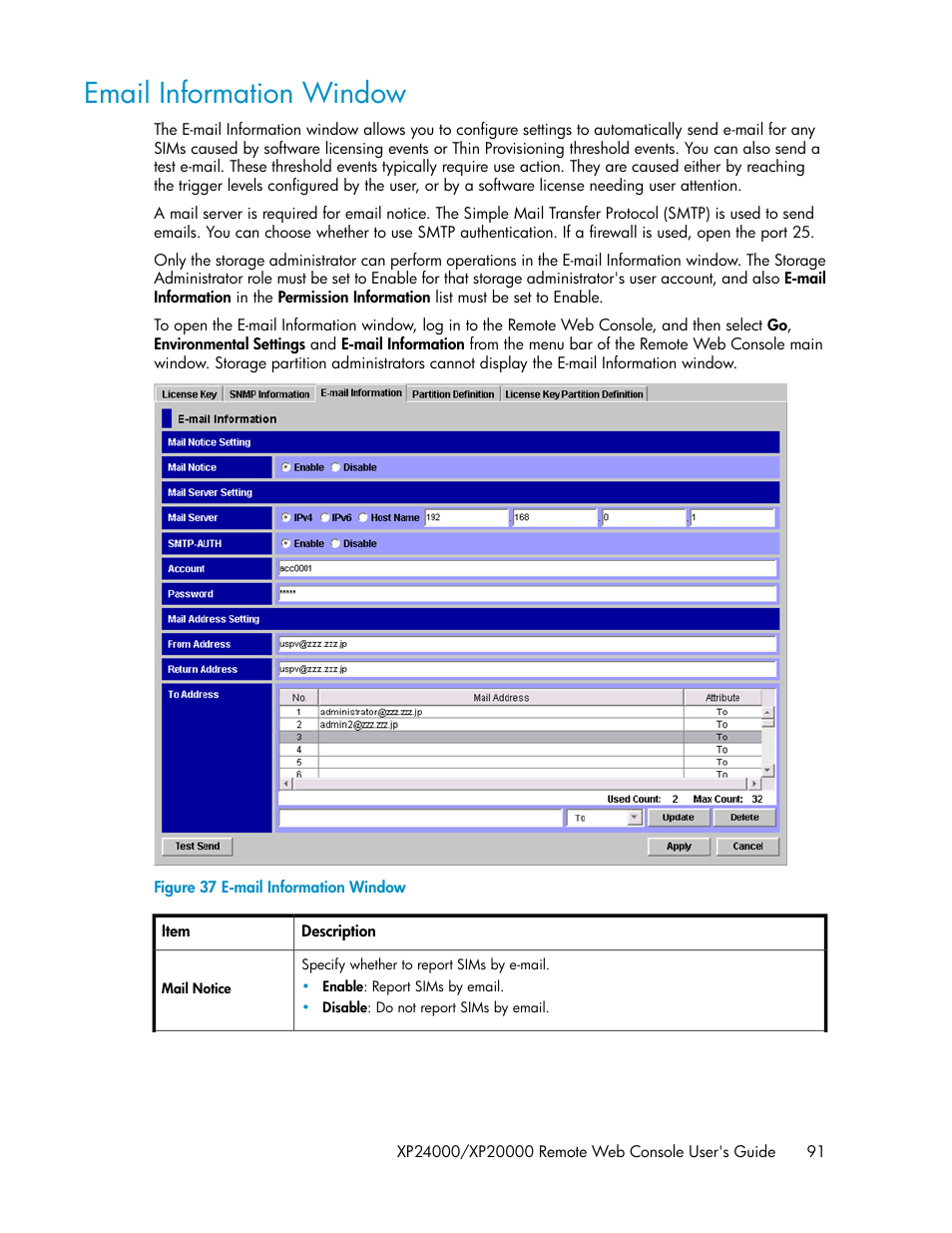 Email information window, E-mail information window, Email information win | HP StorageWorks XP Remote Web Console Software User Manual | Page 91 / 174