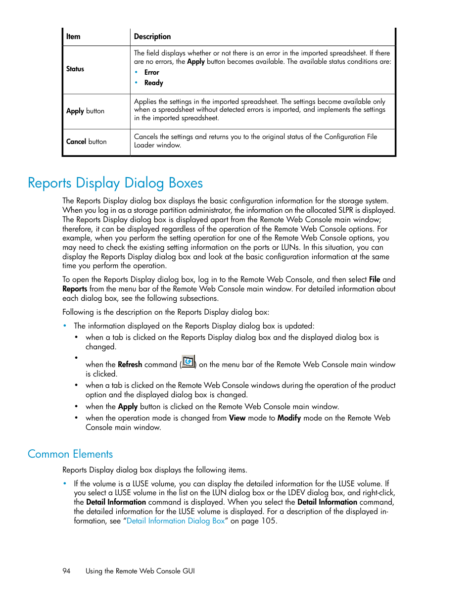 Reports display dialog boxes, Common elements, Reports display dialog | Boxes | HP StorageWorks XP Remote Web Console Software User Manual | Page 94 / 174