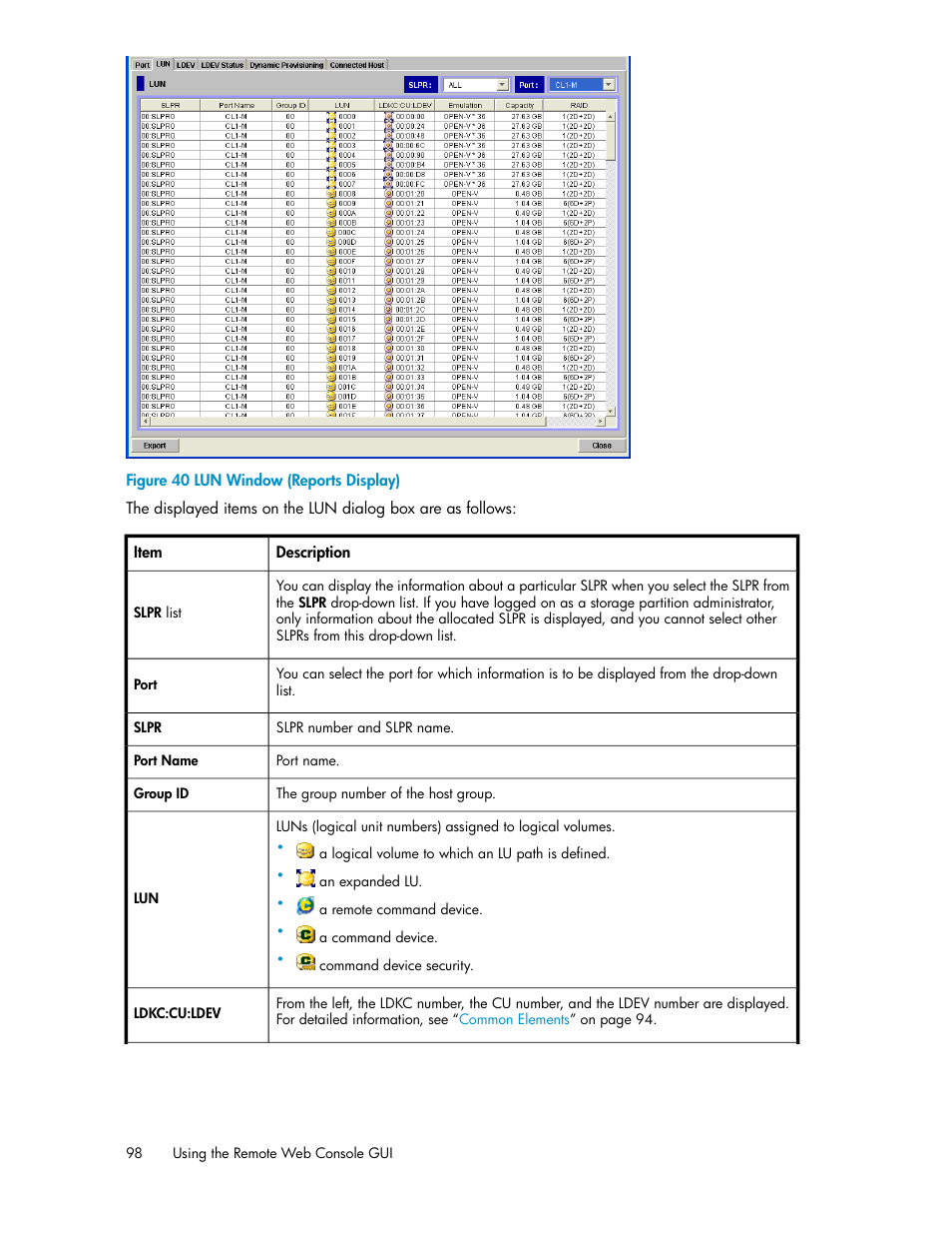 Lun window (reports display) | HP StorageWorks XP Remote Web Console Software User Manual | Page 98 / 174