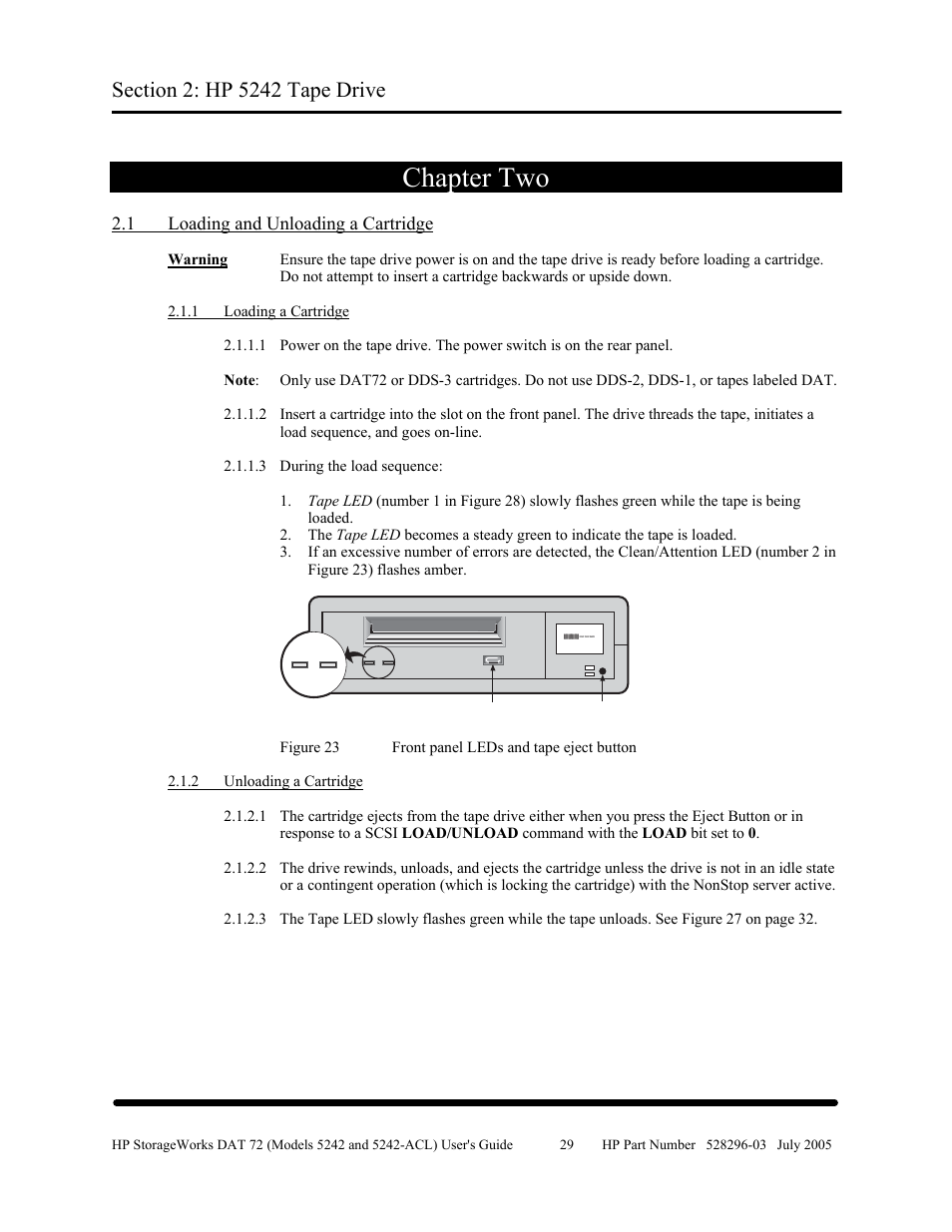 Chapter two, 1 loading and unloading a cartridge | HP Integrity NonStop H-Series User Manual | Page 36 / 79