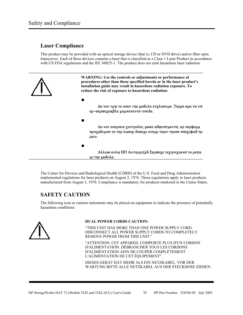 Laser compliance, Safety caution, Safety and compliance | HP Integrity NonStop H-Series User Manual | Page 77 / 79