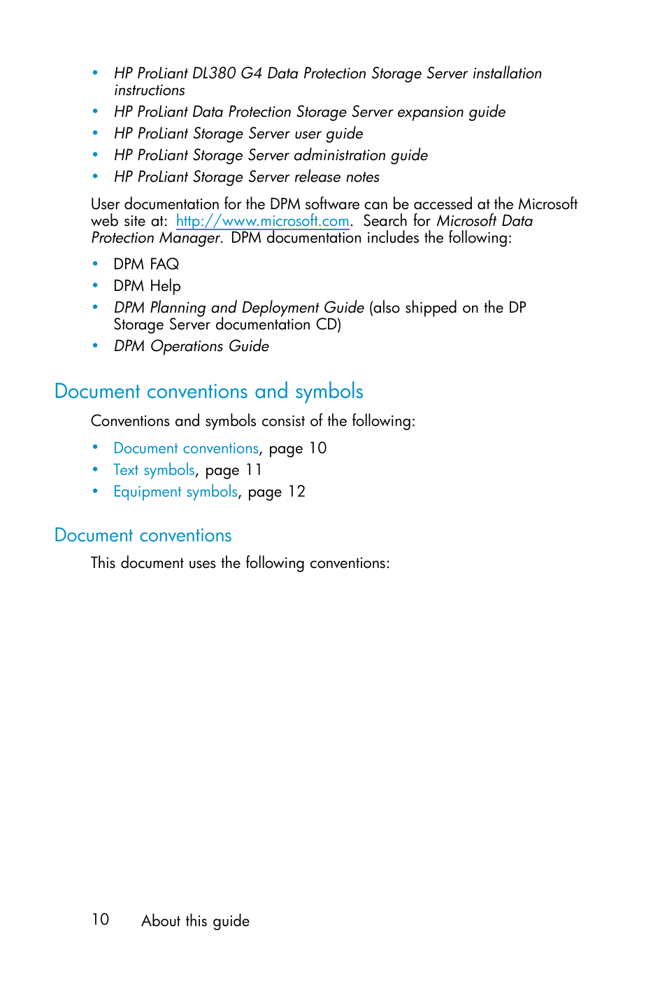 Document conventions and symbols, Document conventions | HP ProLiant ML310 G3 Data Protection Storage Server User Manual | Page 10 / 62